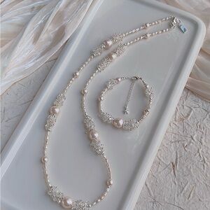NB03  Handmade Freshwater Pearl Clear Quartz Long Necklace and Bracelet Set